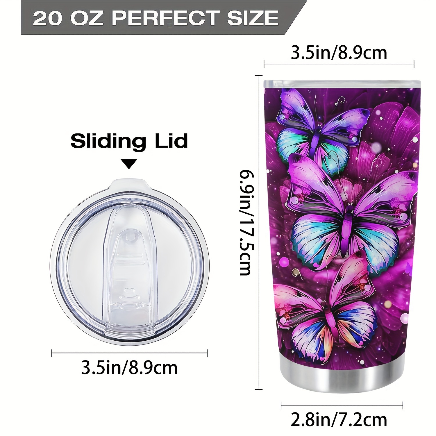 Purple Butterfly Tumbler Cup With Lid Stainless Steel Double - Temu