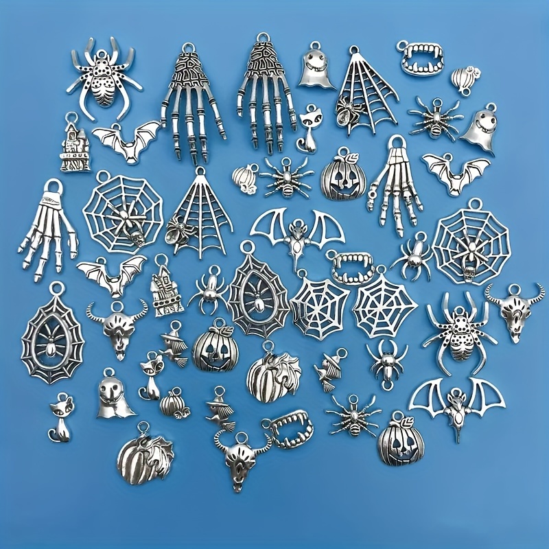 

20pcs Halloween Charms Set, Vintage Alloy Jewelry Pendants, Spider Bat Skeleton Hand Designs, Diy Necklace Bracelet Accessories