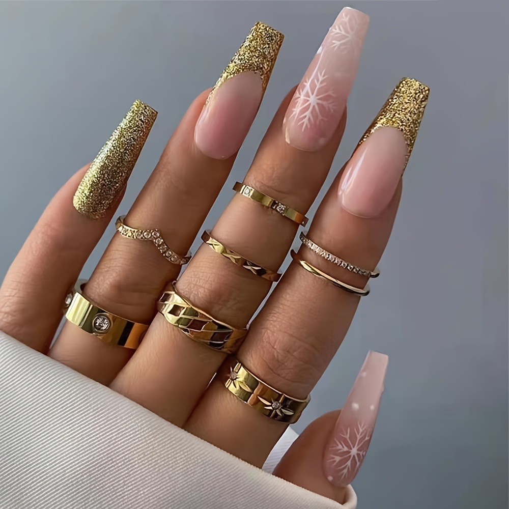 French Tip Press On Nails Long Coffin Fake Nails Glossy - Temu