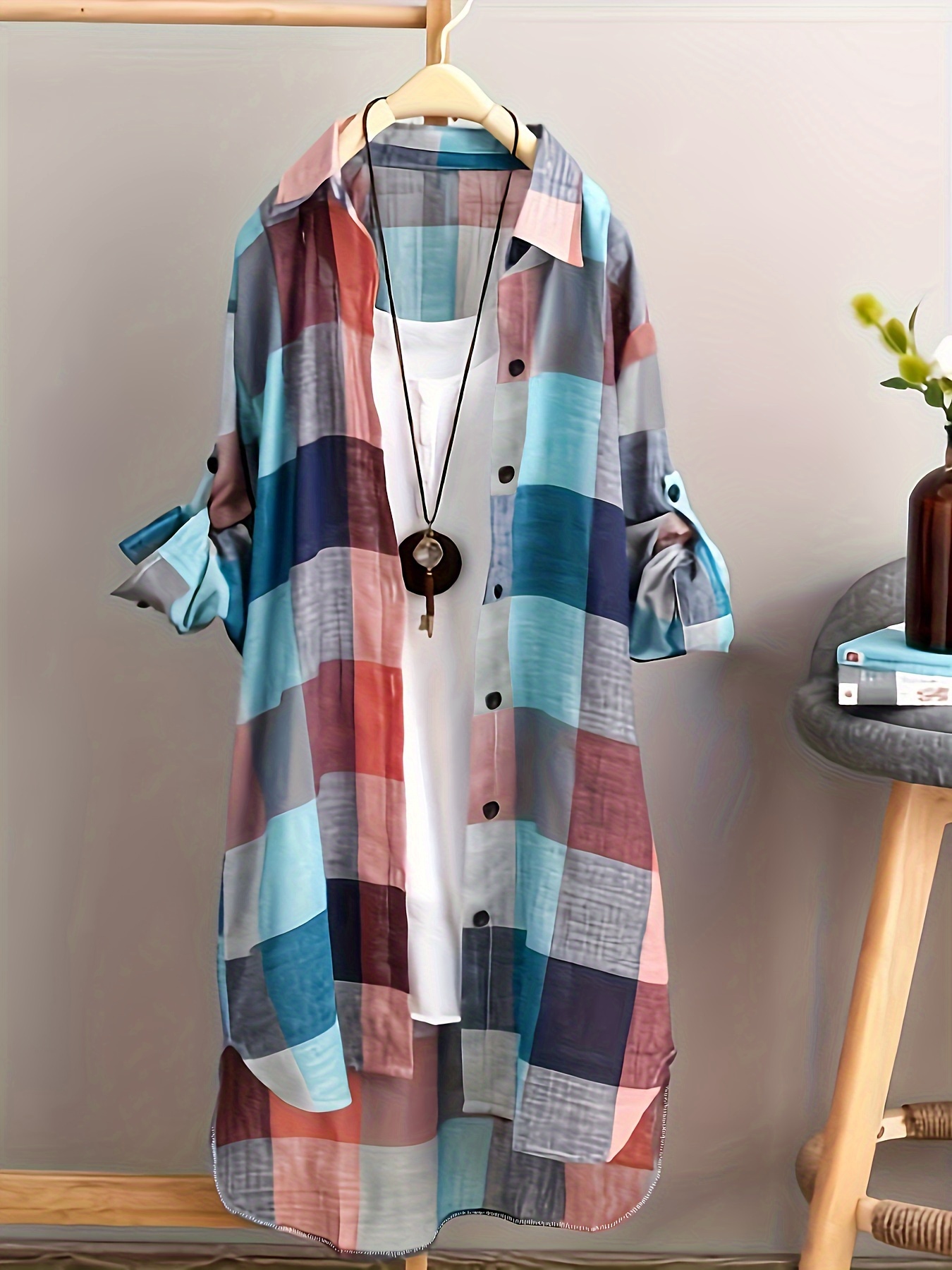 Dropship Plus Size Zip Up Plaid Pattern Long Sleeve Longline Shirt