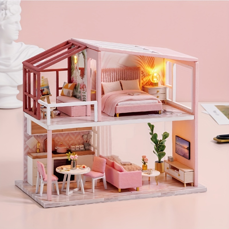 1/24 Wooden DIY Miniature Dollhouse Assemble Kit with Furniture Toys Artwork - Style1, 16x9.3x14.8cm