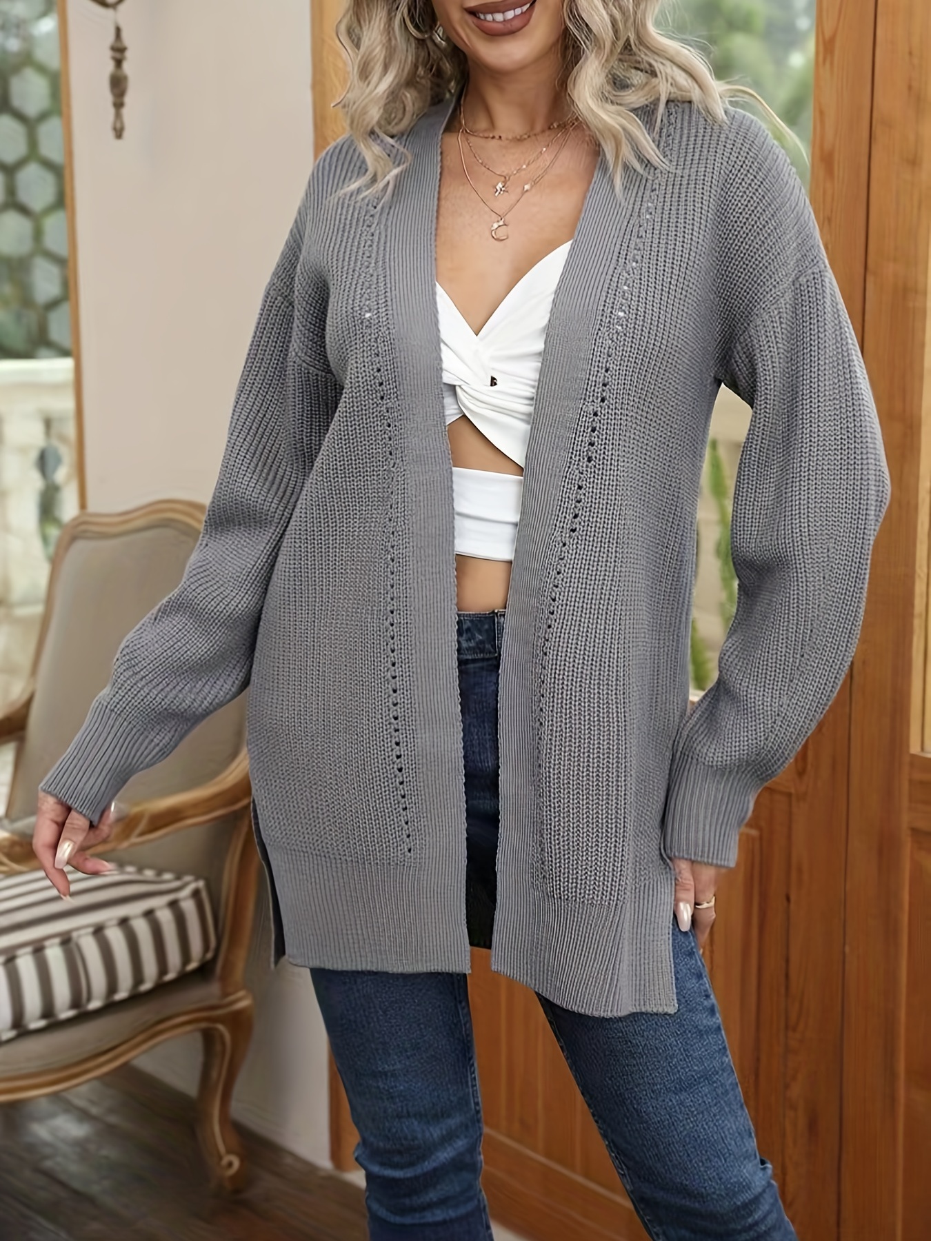Solid Open Front Knit Cardigan Casual Long Sleeve Split - Temu
