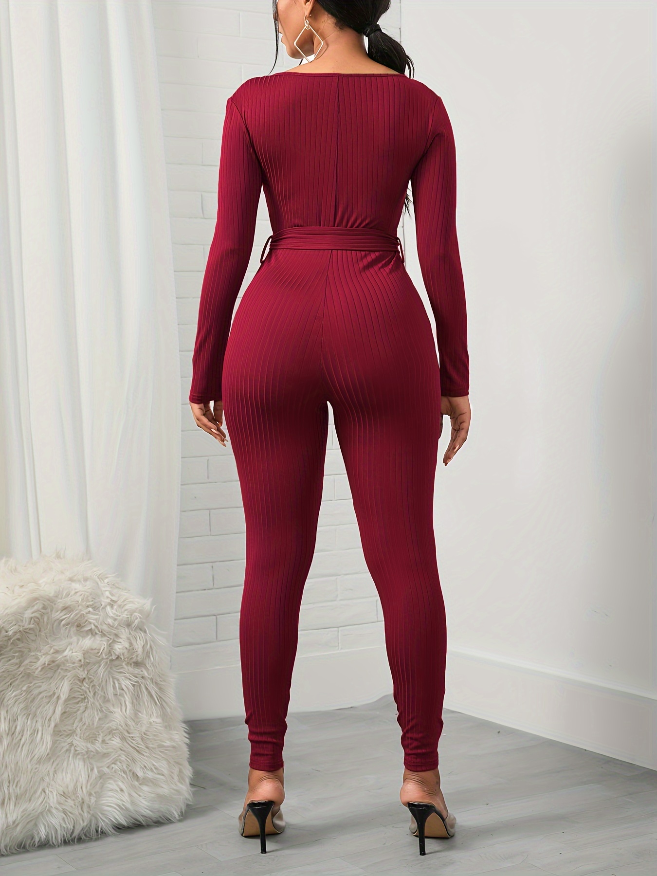 Burgundy long best sale sleeve jumpsuit