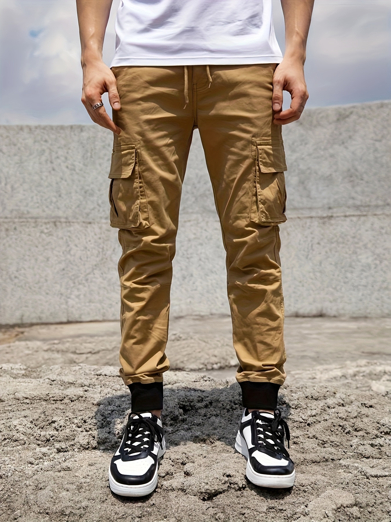 Cotton Blend Trendy Solid Cargo Pants, Men's Multi Flap Pocket Trousers,  Loose Casual Outdoor Pants, Men's Work Pants Outdoors Streetwear Hiphop  Style