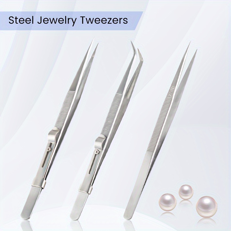 2 Pcs Stainless Steel Jewelry Tweezers Slide lock for DIY diamond gem  making tool 