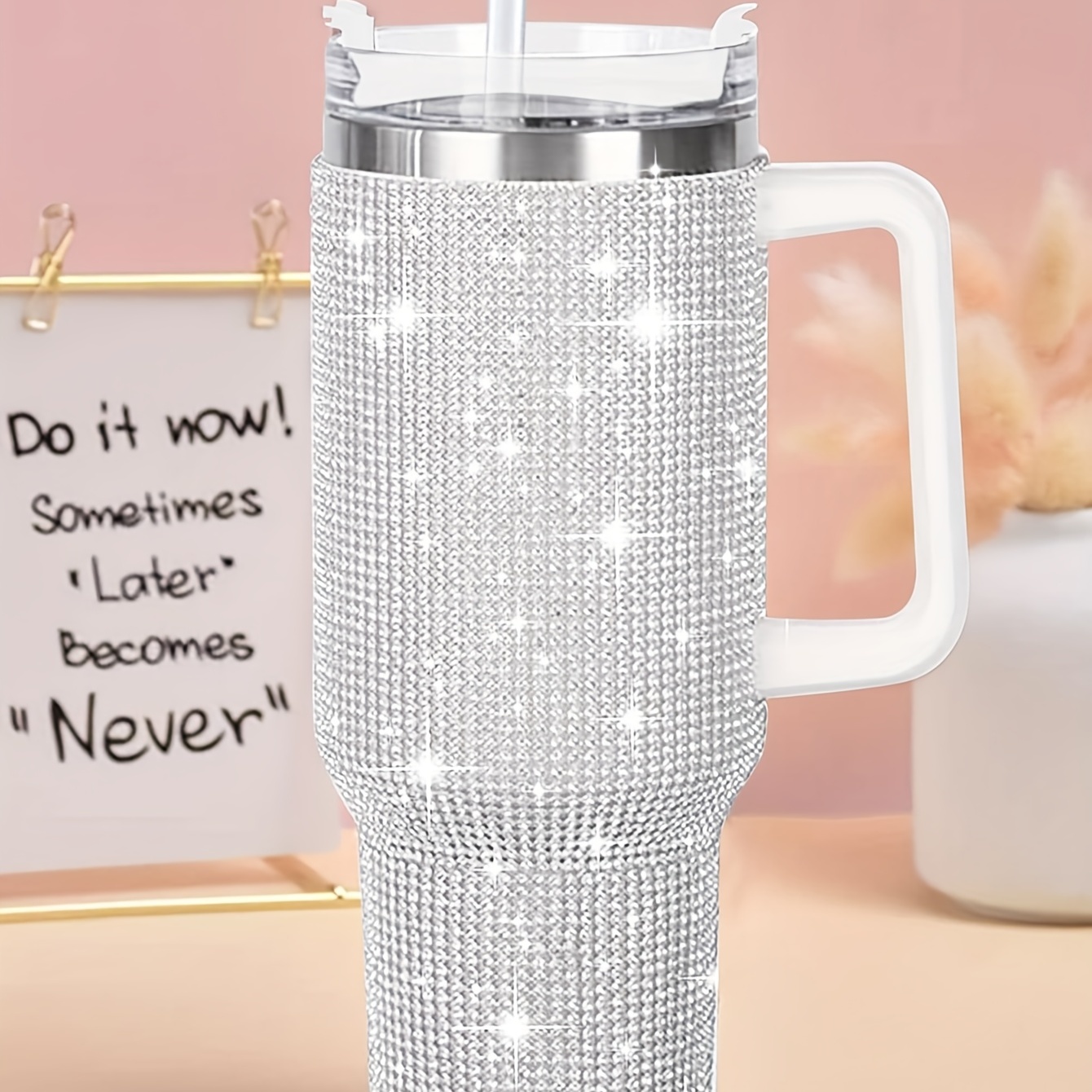 Straw Cup with Lid Reusable Rhinestone Stainless Steel Double