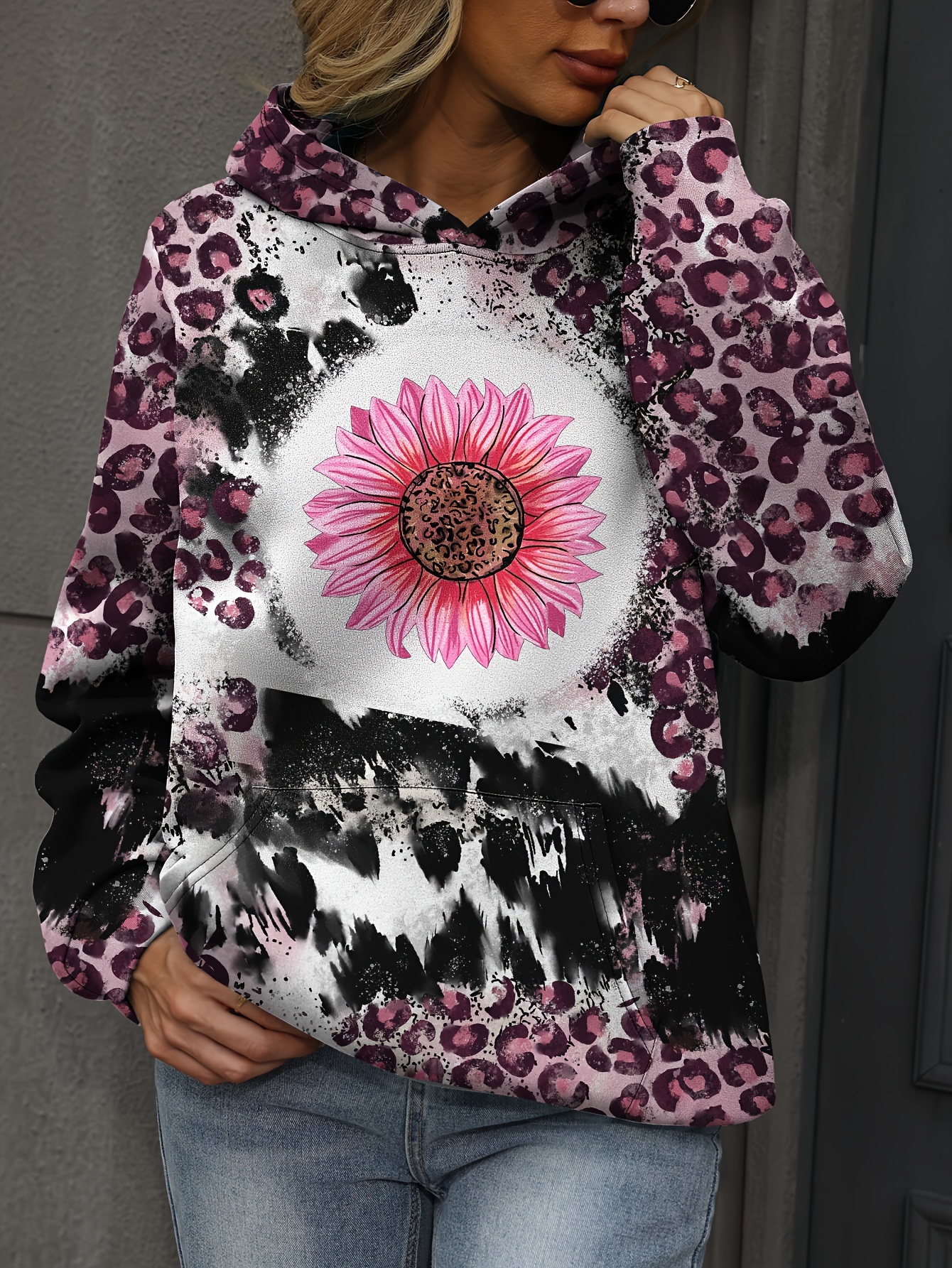 Plus Size Casual Sweatshirt Women s Plus Leopard Sunflower Print Long Sleeve Slight Stretch Hoodie With Giant Pocket