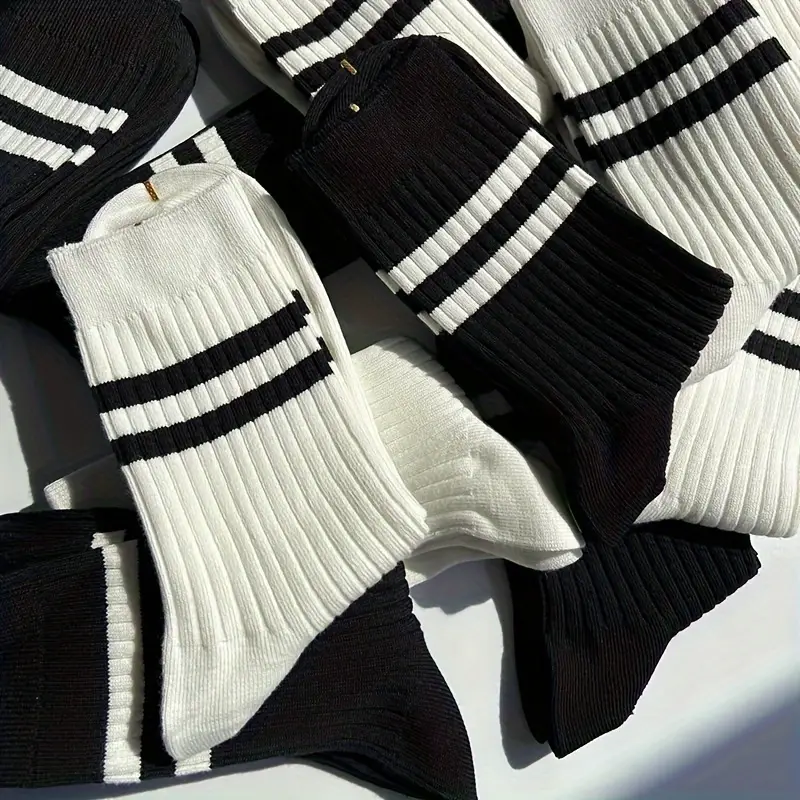 5 Pares Calcetines Rayas En Blanco Negro Calcetines Casuales - Temu