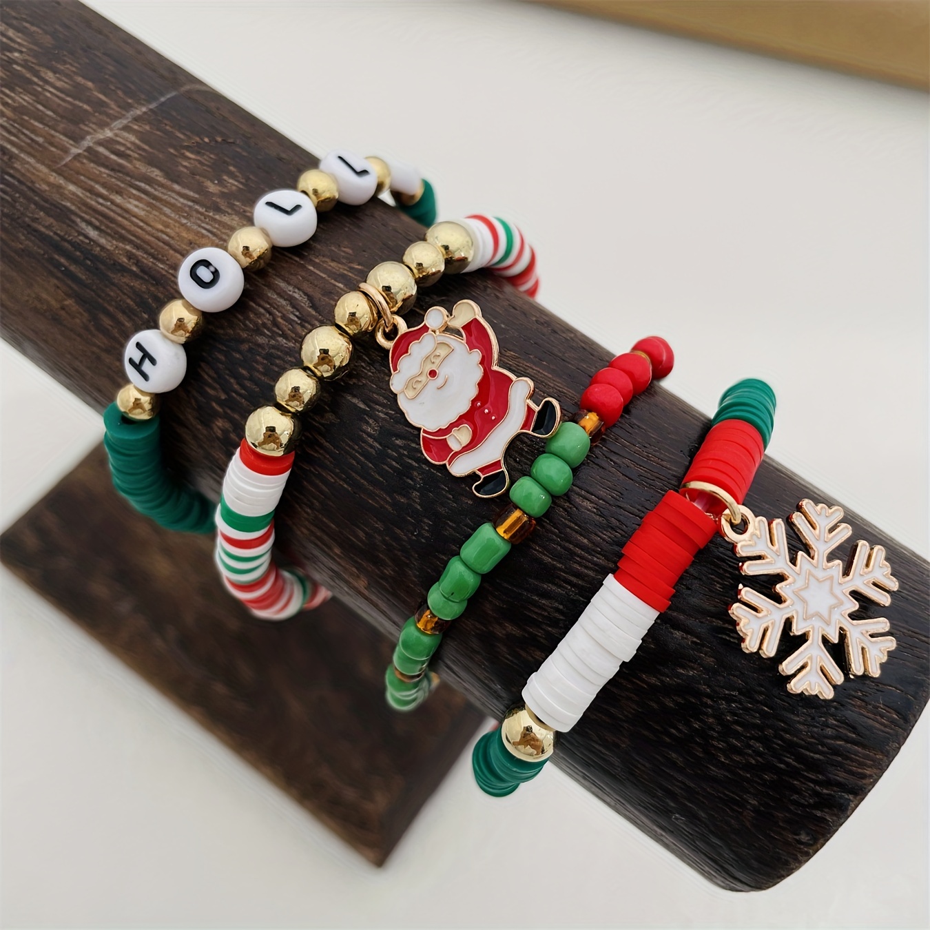 Santa Claus Pendant Beaded Bracelet Set Red Green Soft Clay - Temu