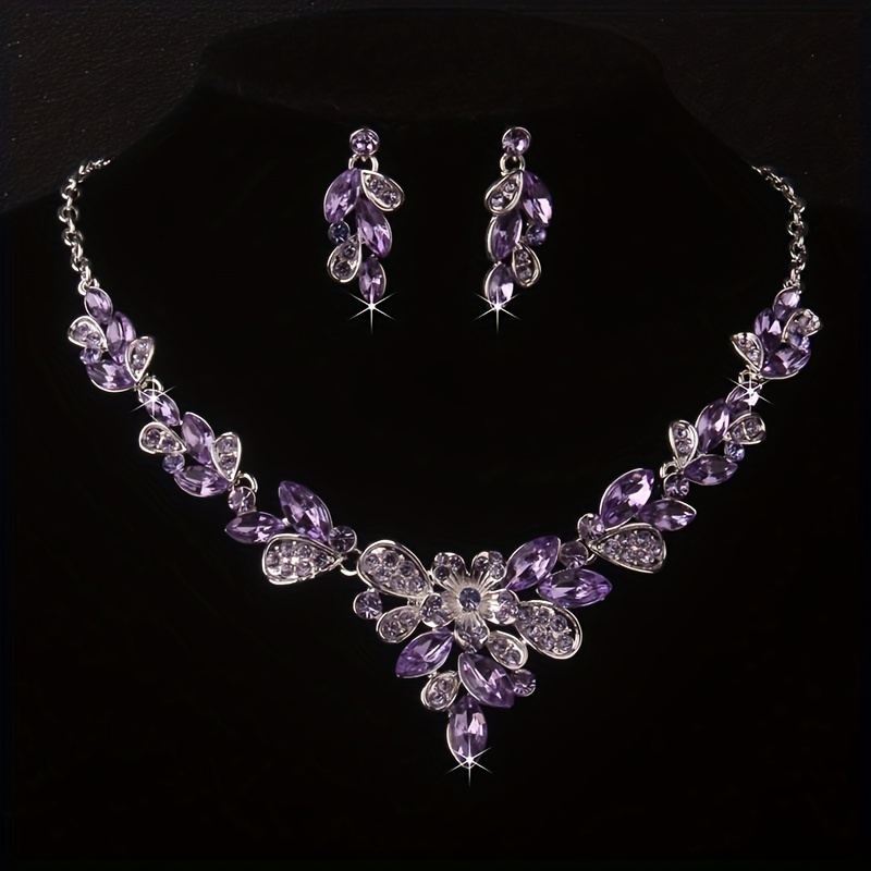 Shiny Purple Heart Zirconia Earrings Necklace Set Elegant - Temu