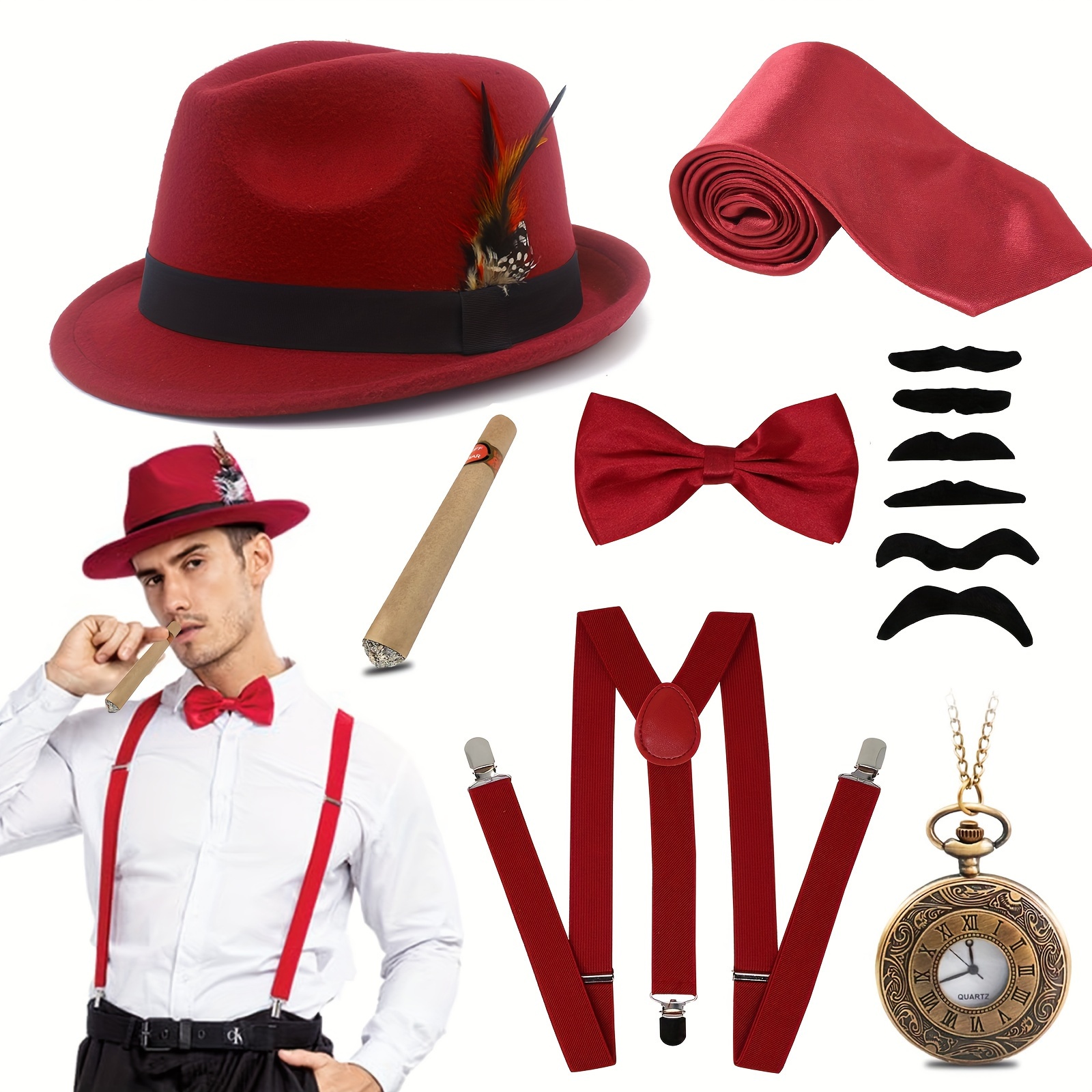 Gatsby - Accesorios de los años 20 para hombre, etilo gánster, sombrero,  tirantes, corbata de lazo, reloj de bolsillo