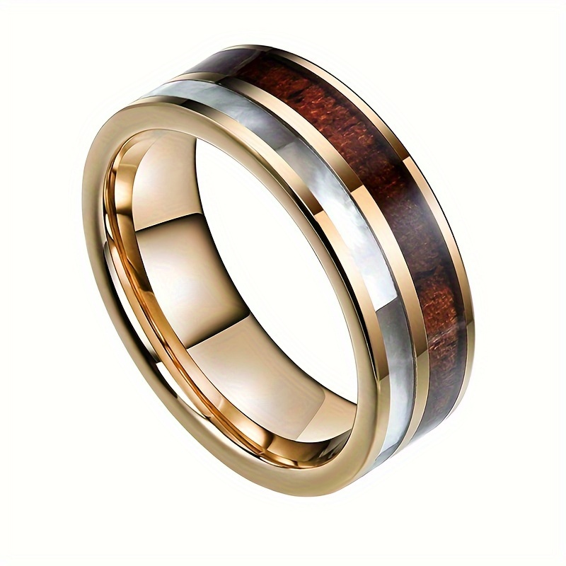 1pc Fashion Jewelry Golden Color Wood Grain Shell Men's Ring, Anniversary  Party Gift Classical Stainless Steel Rings For Men Accessories