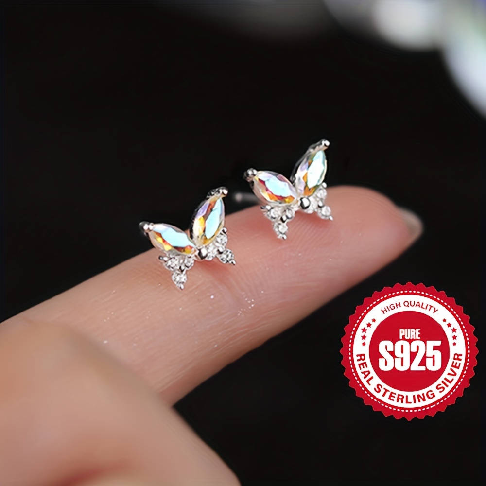 

Tiny Exquisite Butterfly Shaped Stud Earrings 925 Sterling Silver Hypoallergenic Jewelry Zircon Inlaid Elegant Leisure Style Sweet Gift