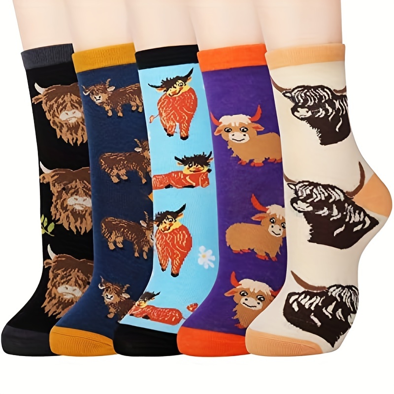 

5 Pairs Highland Cow Pattern Socks, Cotton Cute Gift Socks, Soft Animal Print Long Crew Socks