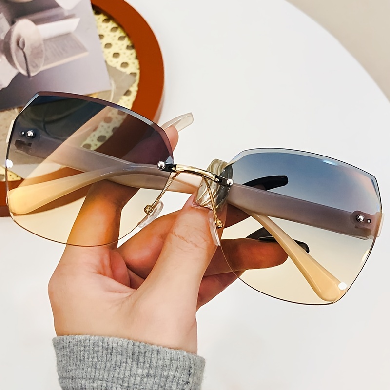 Frameless Gradient Lens Sunglasses, Oversize Polygon Frame