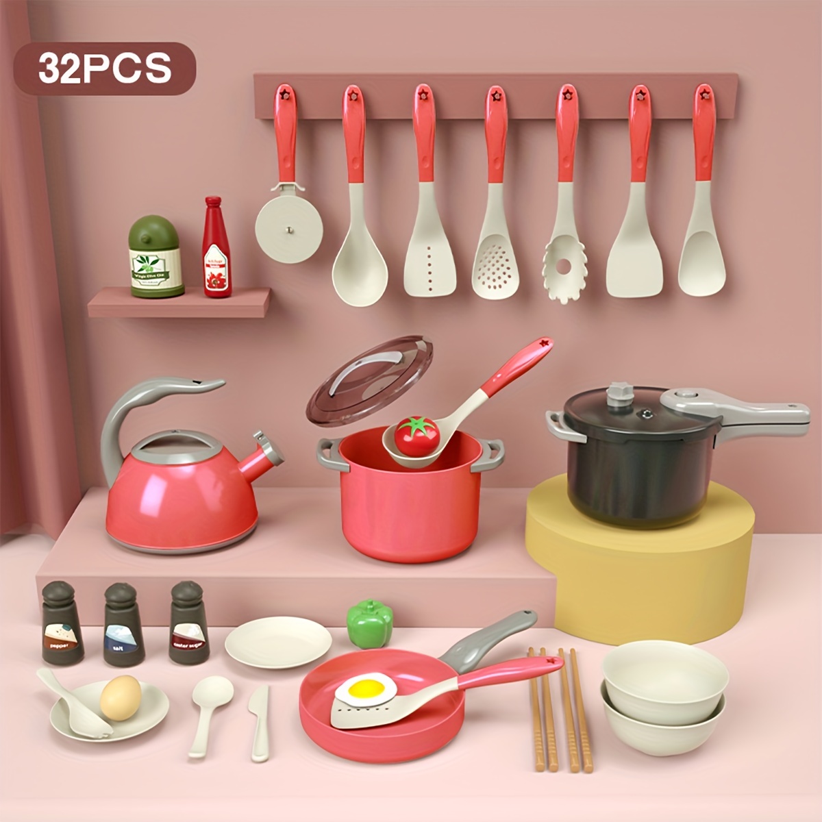  TEMI Juguetes de cocina de comida de simulación para niños de 4  a 8 años, juego de cocina para niños pequeños de 1 a 3 años, accesorios de  cocina con luz