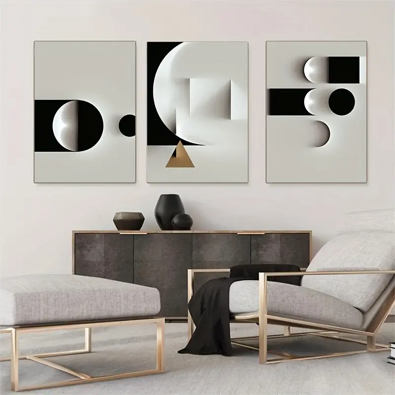 Frameless Abstract Geometric Canvas Painting Black And White - Temu