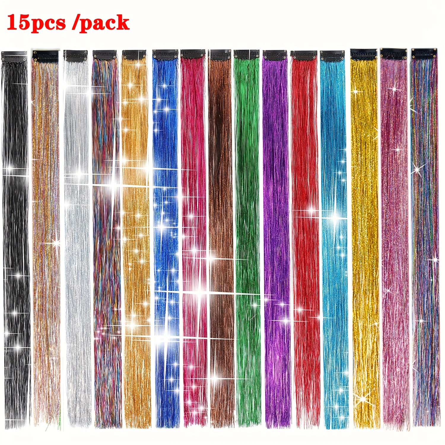 TEMU 15pcs 20inch Sparkle Glitter Tinsel Hair Extensions, Clip-in Hairpieces With Bbclip For Women, Non-slip, Strong & , , Christmas Halloween Cosplay Party