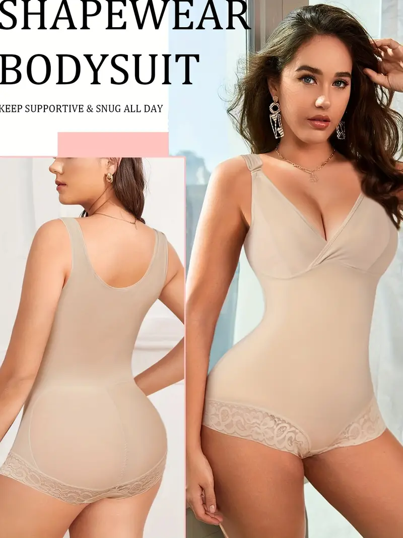 Contrast Lace Shaping Bodysuit, Tummy Control Butt Lifting V Neck Body  Shaper, Women's Underwear & Shapewear