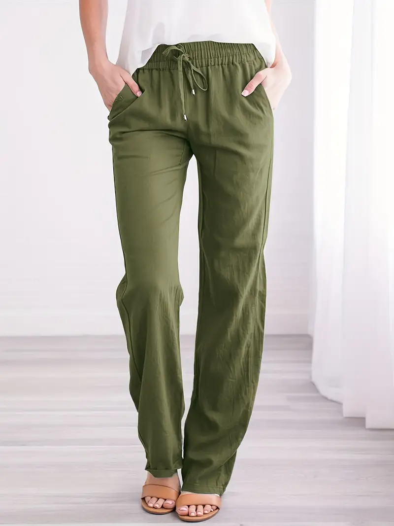 Summer Pants for Women Plus Size Straight Leg Casual Loose Elastic Waisted  Drawstring Slacks Trousers with Pockets