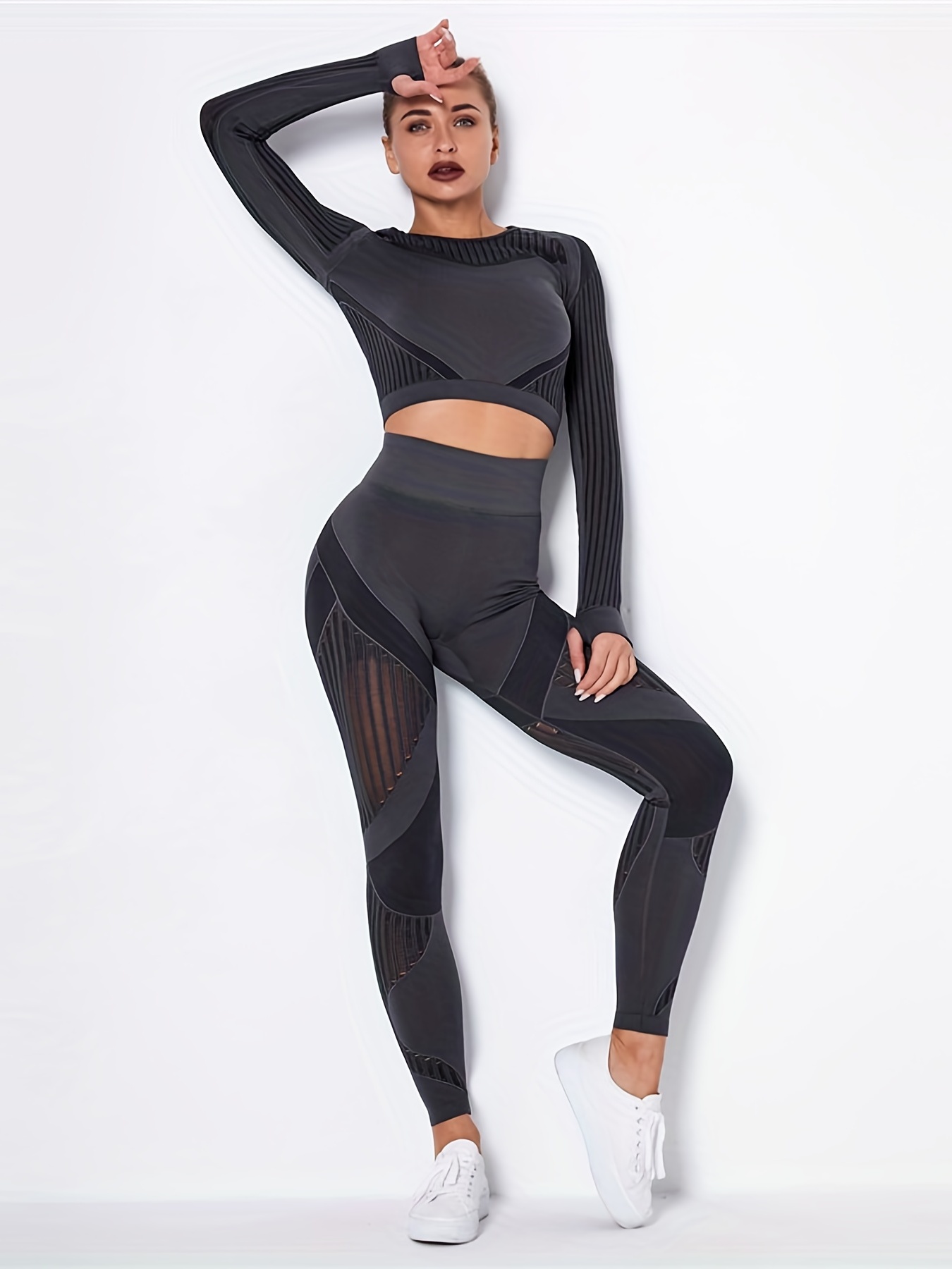 Conjunto de Yoga sin costuras ahuecado para mujer, ropa deportiva de dos  piezas, Top corto, sujetador, Leggings, traje de gimnasio de entrenamiento,  conjuntos deportivos de Fitness, negro