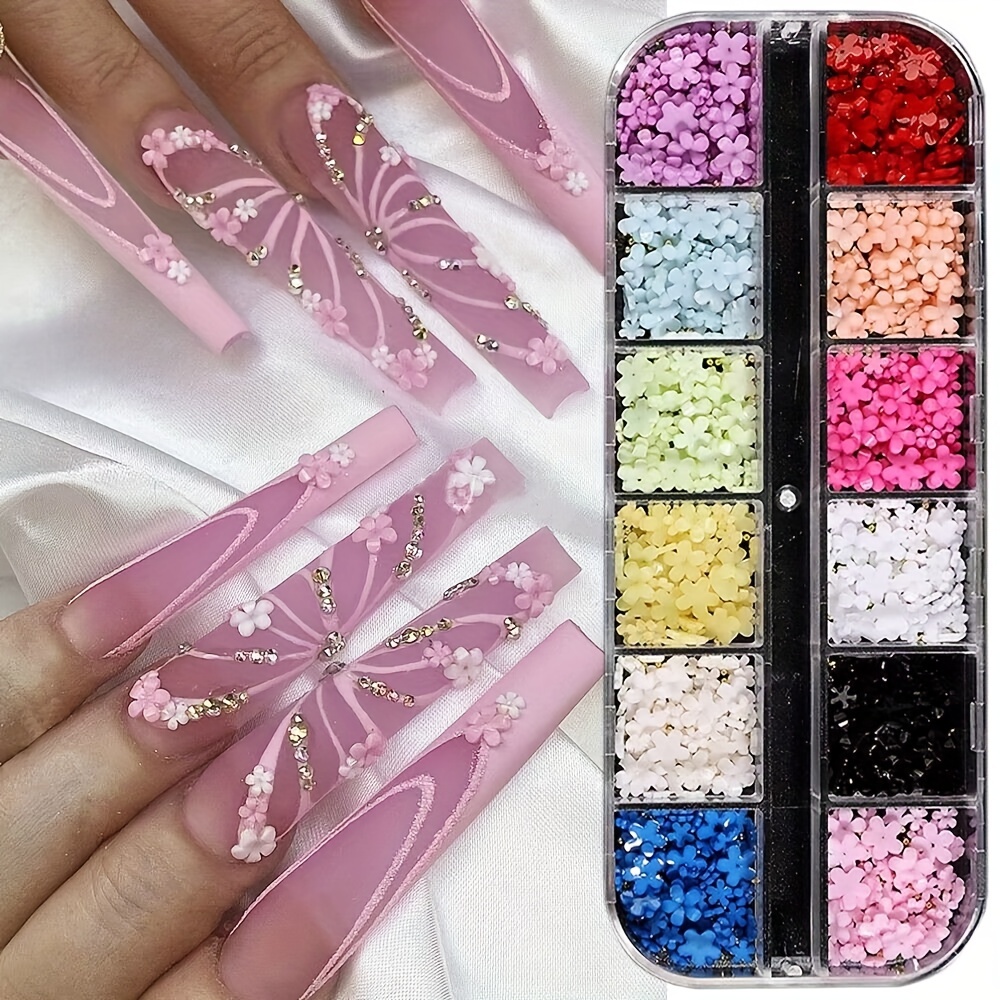  7 Grids Color Assorted 3D Nail Charms Set Heart Flower