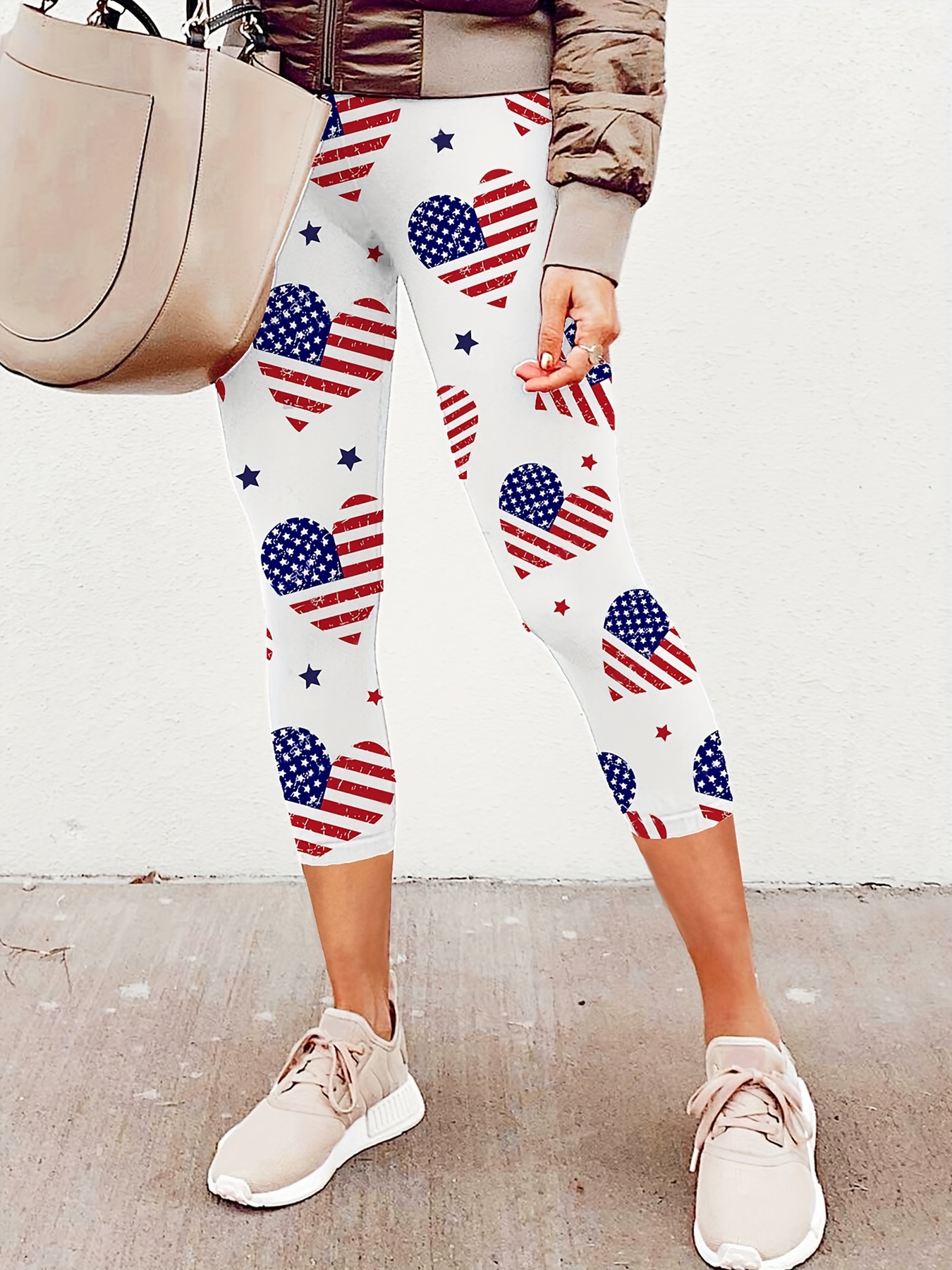 American Flag Print Skinny Leggings, Casual High Waist Stretchy Leggings,  Women's Clothing