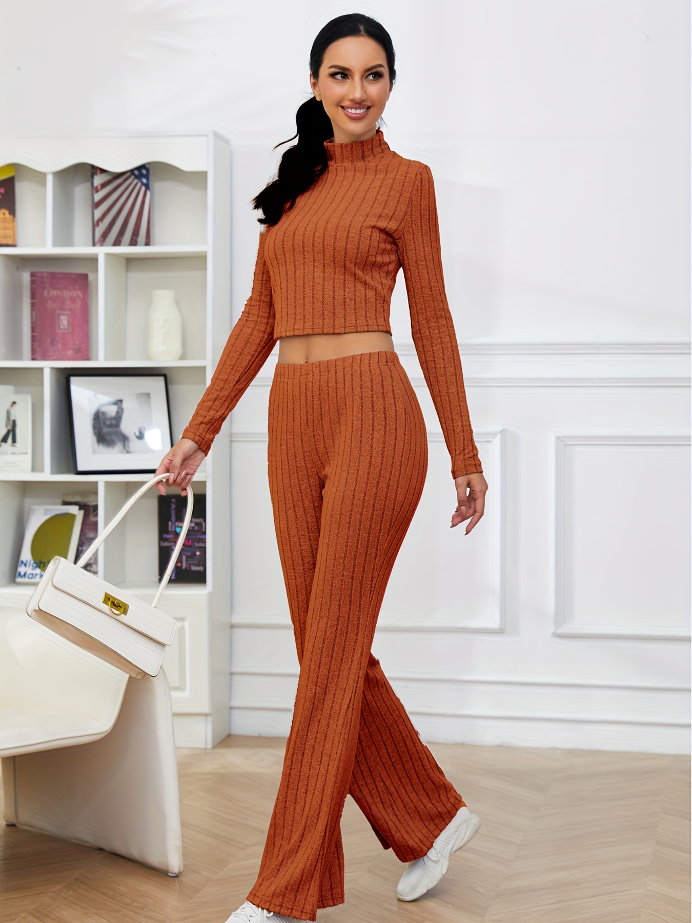 Solid Ribbed Two piece Set High Neck Long Sleeve Tops High - Temu