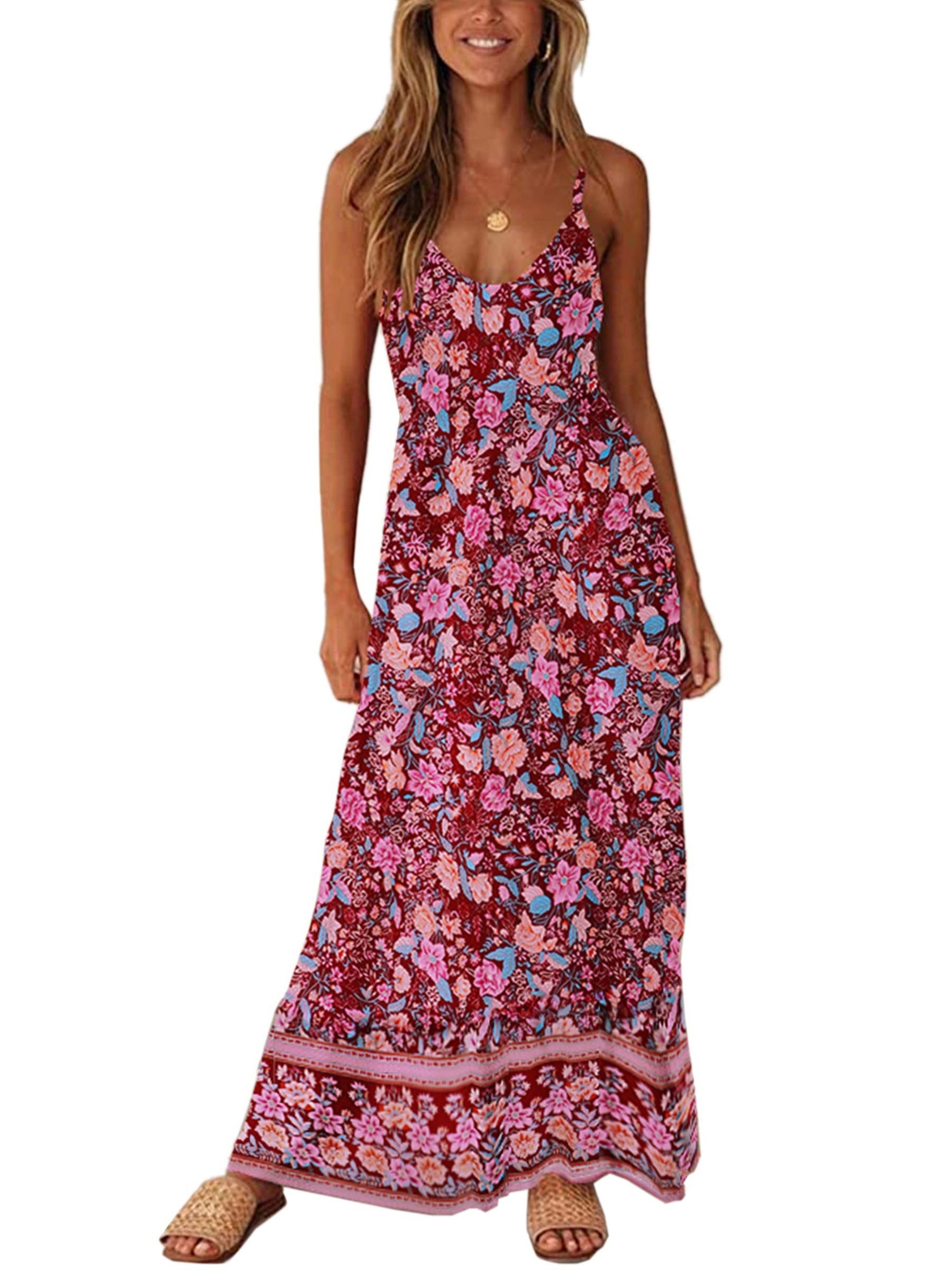 Floral Print Maxi Dress Boho Spaghetti Strap Backless Dress - Temu