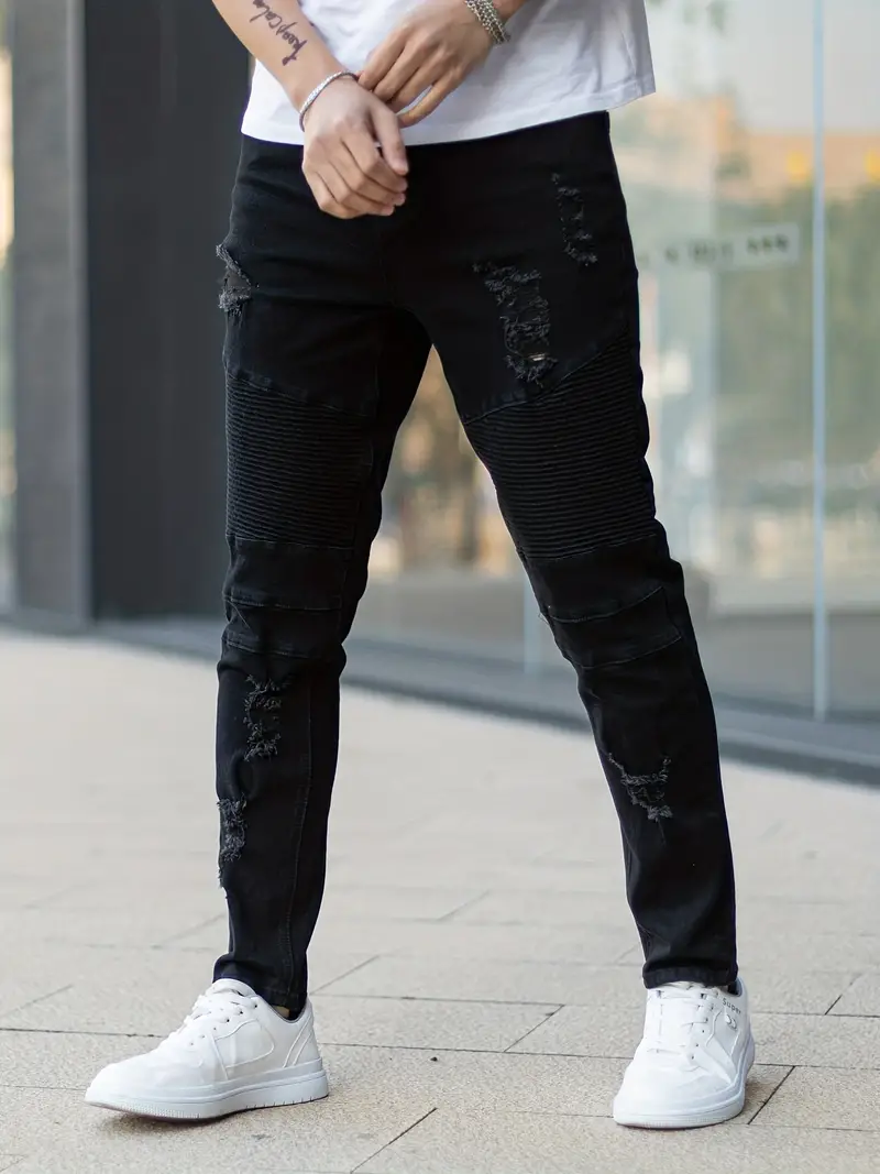 Slim Fit Ripped Jeans Men's Casual Street Style Stretch - Temu
