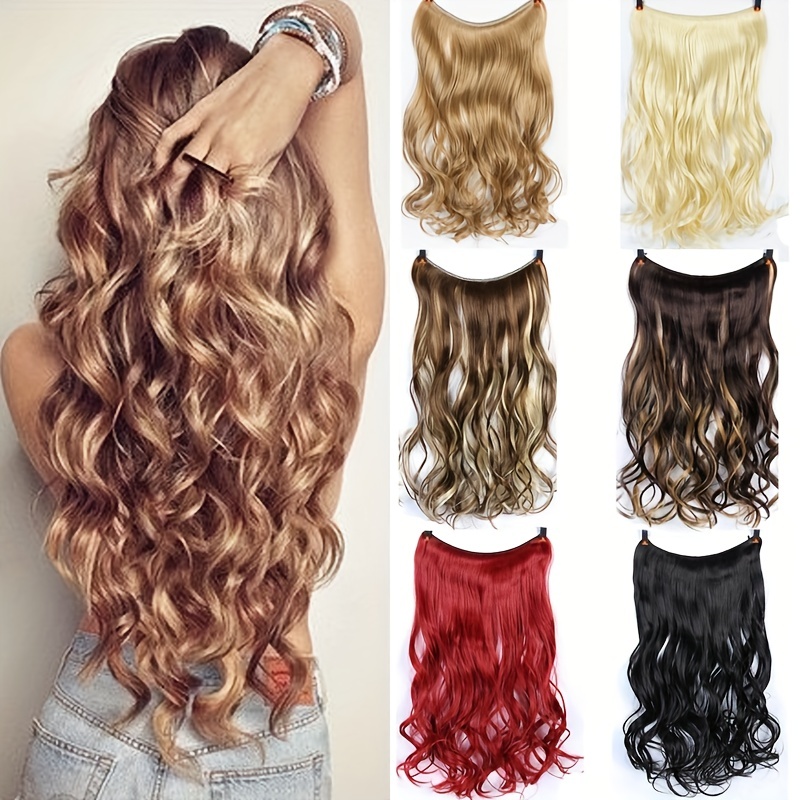 22 inch Synthetic Long Wavy Hair Extensions, Human Hair Extensions with Invisible Wire Natural Looking Hair Extensions Hairpieces for Women Girls