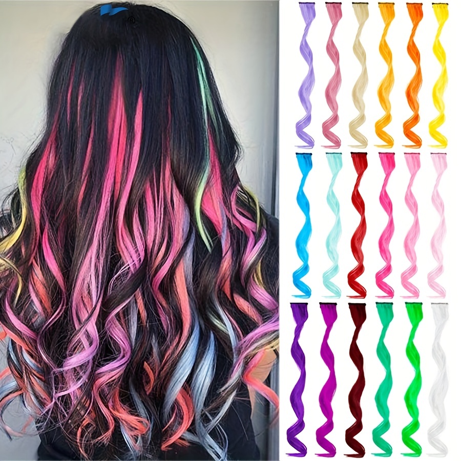 Colorful Long Curly Wavy Hair Pieces Synthetic Clip In Hair