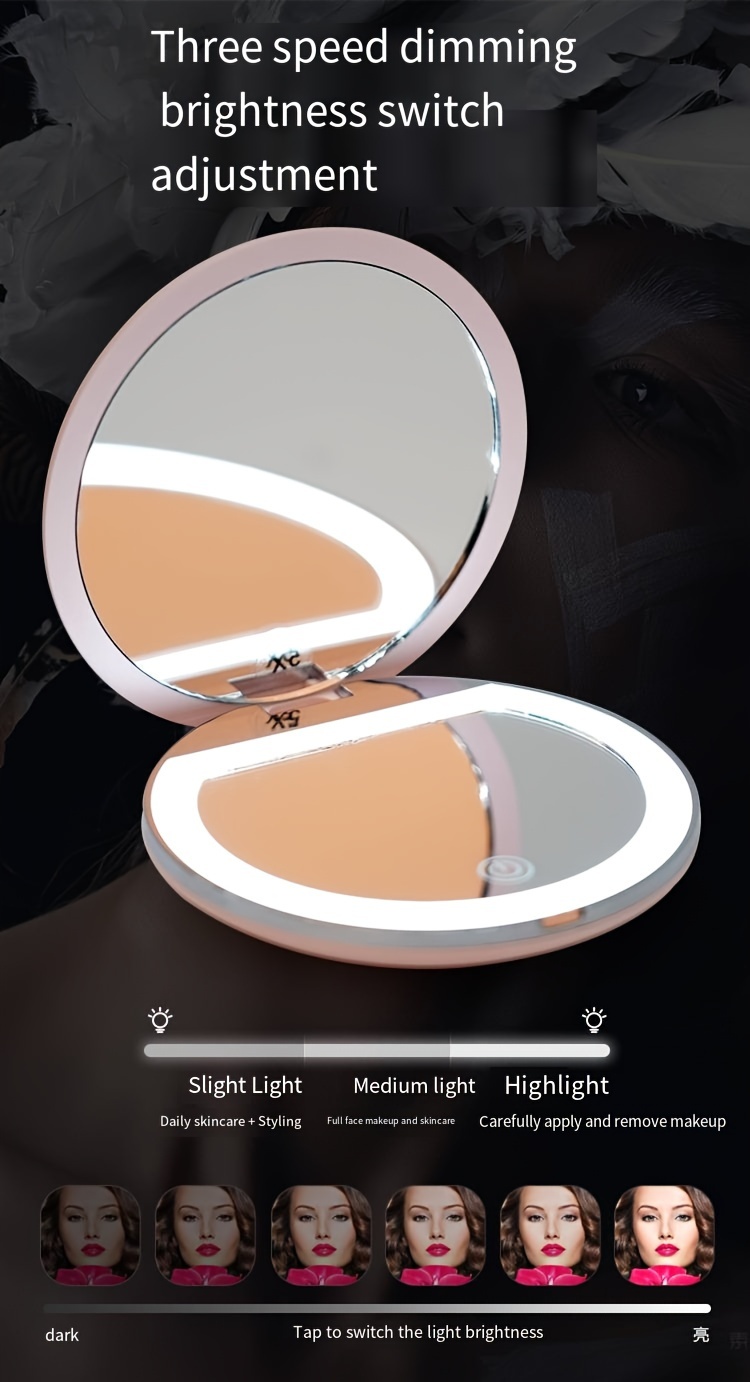 High-Definition 2X Mirror Magnification Patch Mirror Three Level Dimming Portable Flip Cover Circular Folding LED Makeup Mirror with One Side Enlarged 2X 5X Beauty Mini USB Light Emitting Charging Small Mirror Korean Magnifying Makeup Mirror