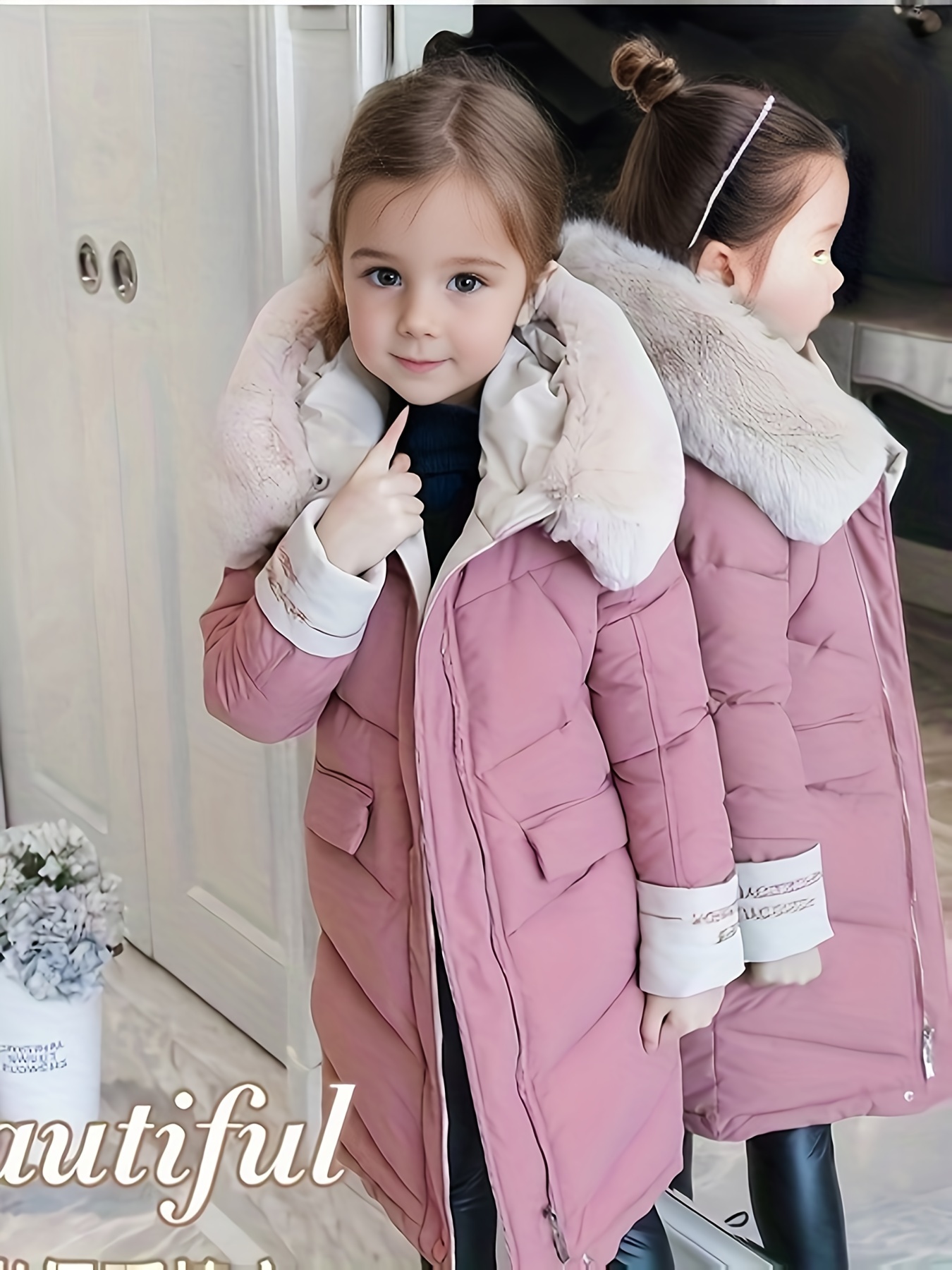 Girls Trendy Furry Hooded Collar Long Cotton-padded Jacket *-length Kids  Winter Clothes