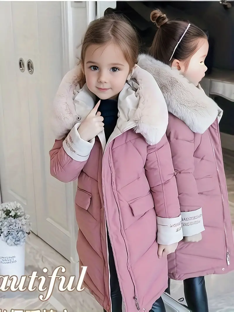 Girls Trendy Furry Hooded Collar Long Cotton-padded Jacket *-length Kids  Winter Clothes