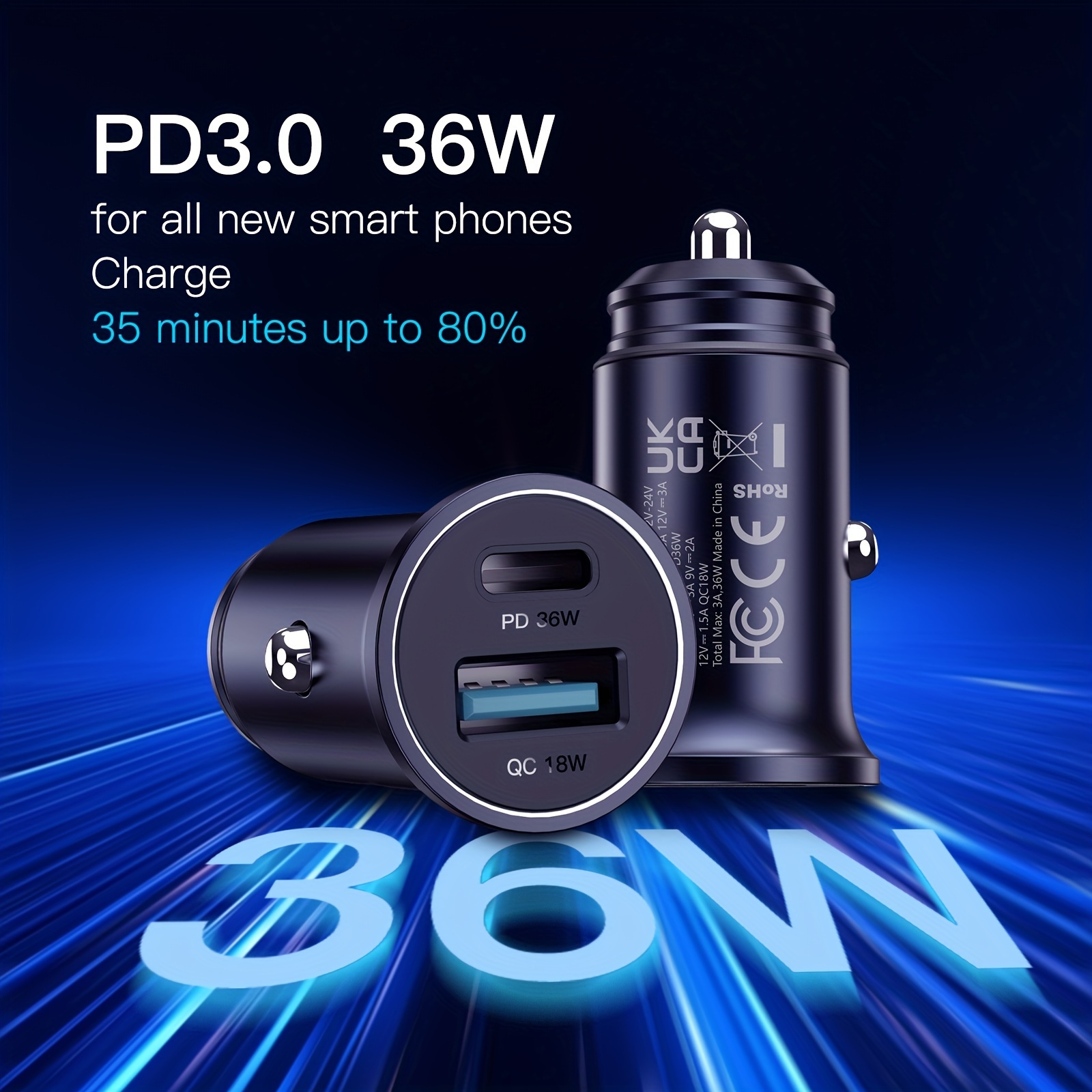 AINOPE 66W USB C Car Charger [PD 36W+QC 30W] [All Metal] QC 3.0 Dual Port  iPhone Car Charger Type C Car Adapter Fast Charger