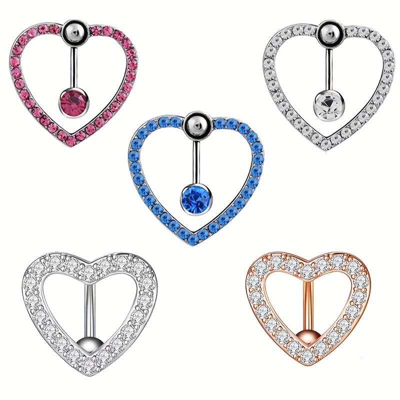 Hollow Out Love Heart Shape Belly Button Ring, Zircon Inlaid Navel Piercing