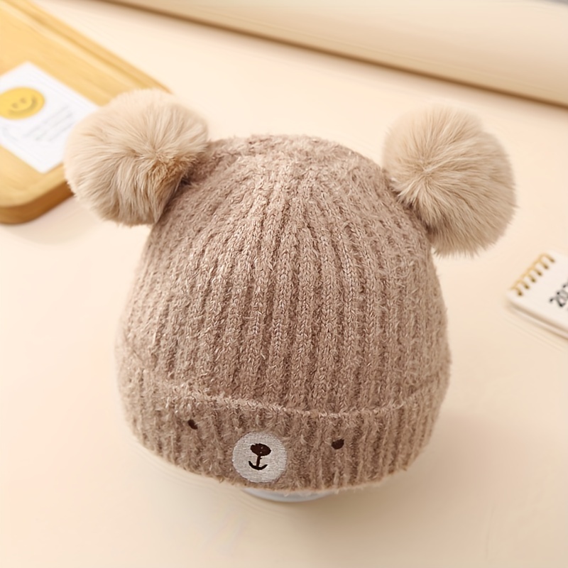 Cute Bear Plush Knitted Hat Winter Warm Double Fur Ball - Temu