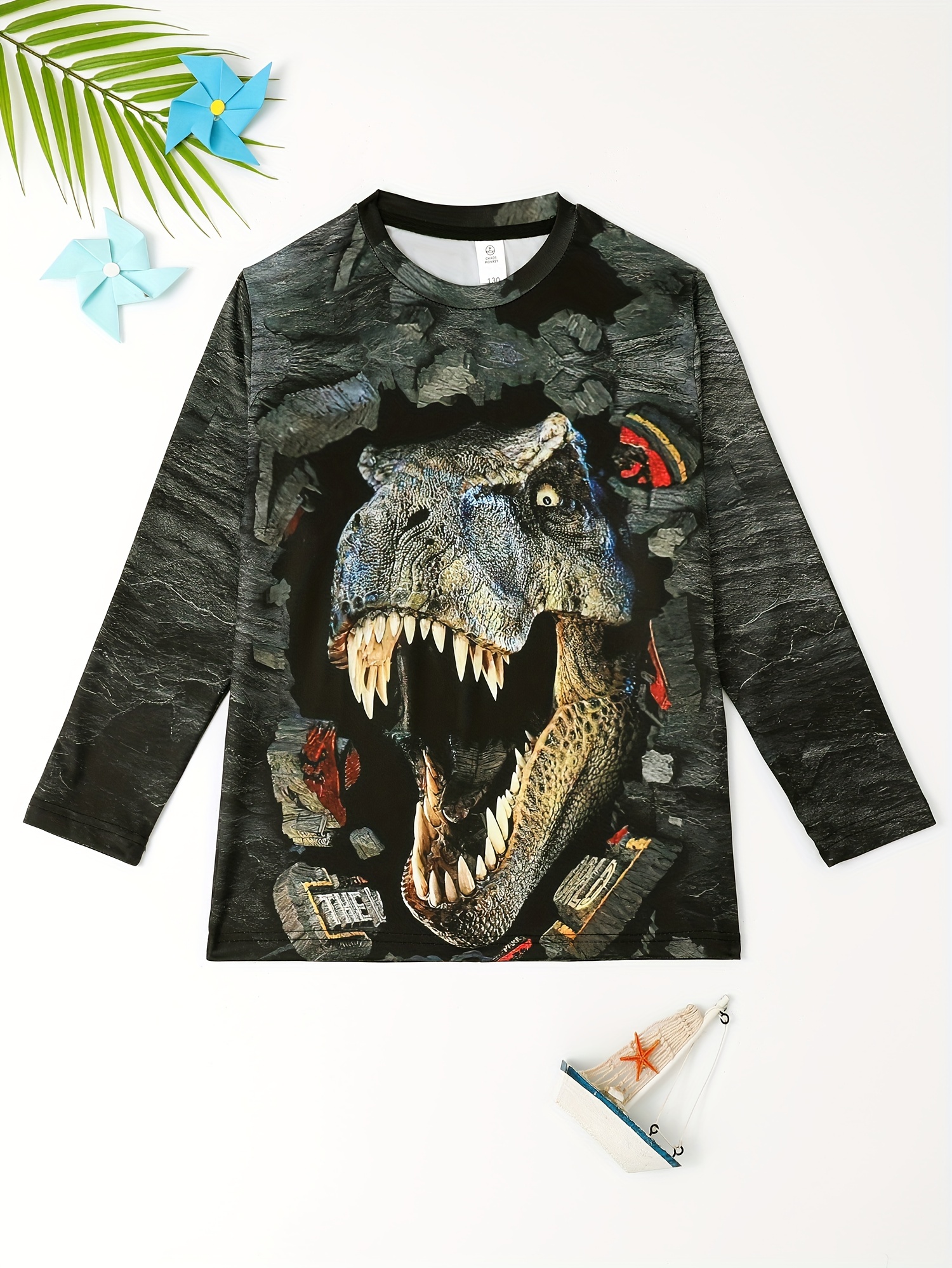 3D Dinosaur Kid's Pullover Long Sleeve Top For Spring Fall Winter