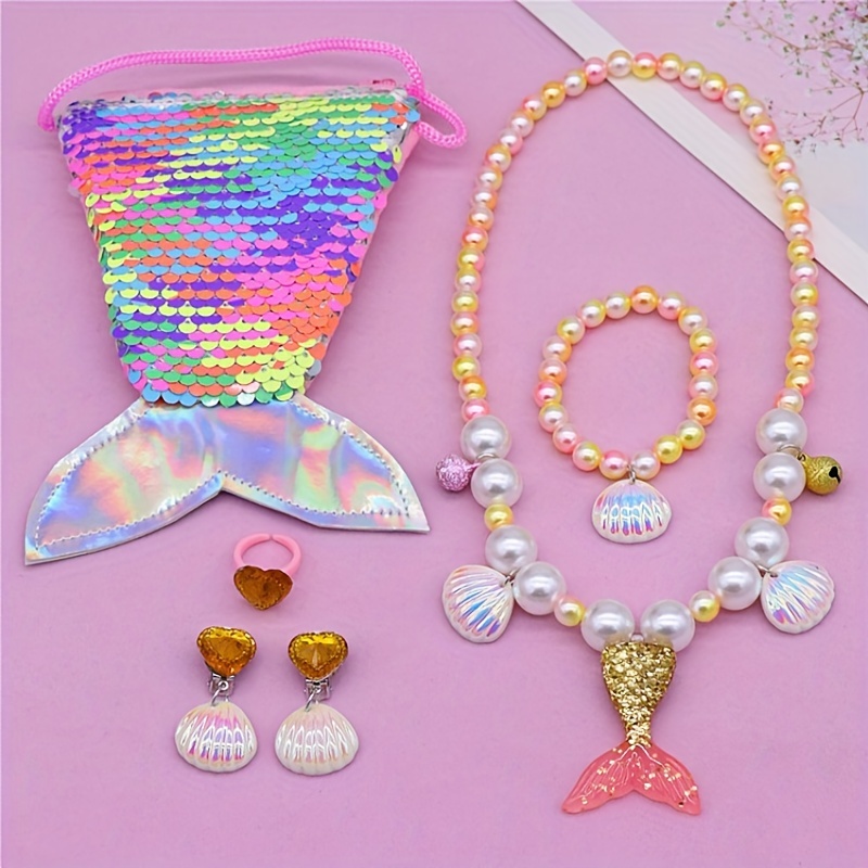 Girls Mermaid Tail Bag & Shell Pendant Bracelet Set