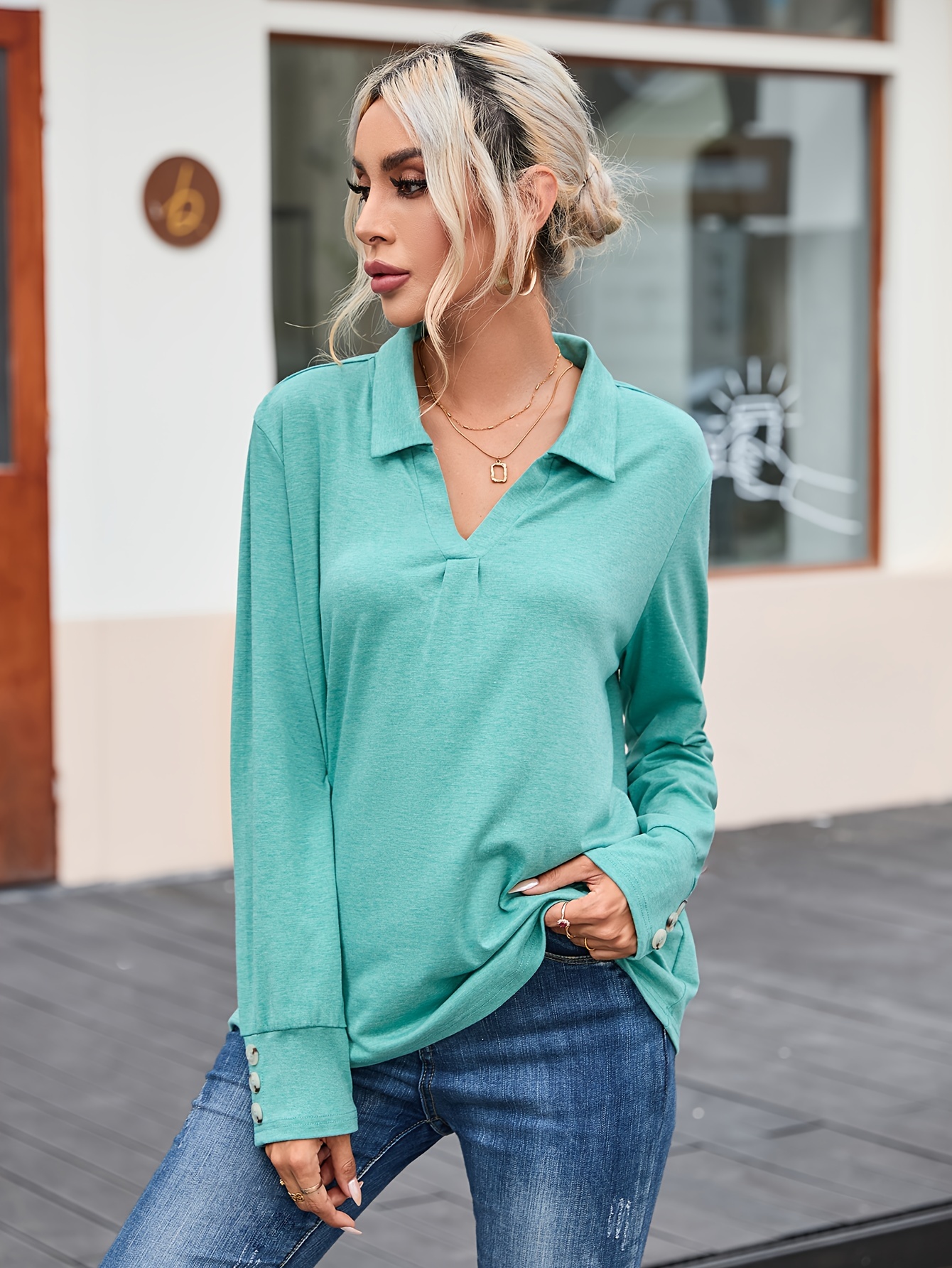 Solid Simple Blouse Casual V Neck Long Sleeve Blouse Women's - Temu