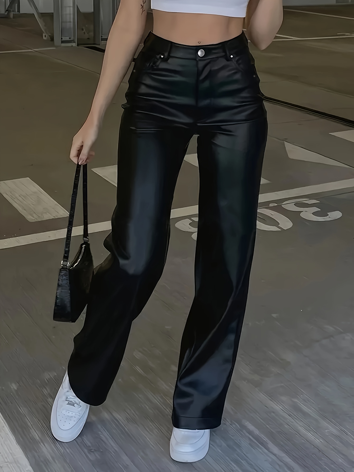 High Waist Faux Leather Slim Leggings Pants, Casual PU Solid Fashion Comfy  Pants, Women's Clothing