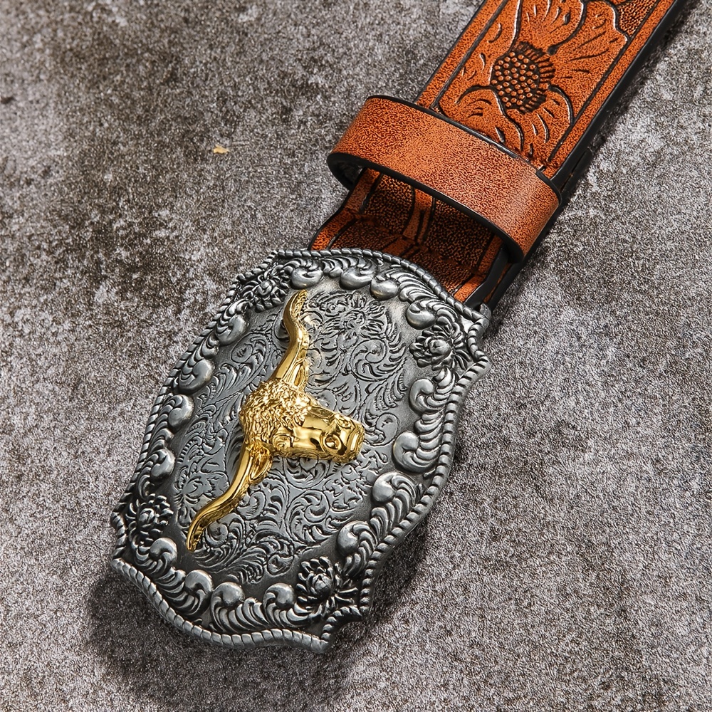 1pc Vintage Engraved Floral Pattern Colored Print PU Leather Belt 1pc Vintage Engraved Floral Pattern Colored Print PU Leather  main image 3