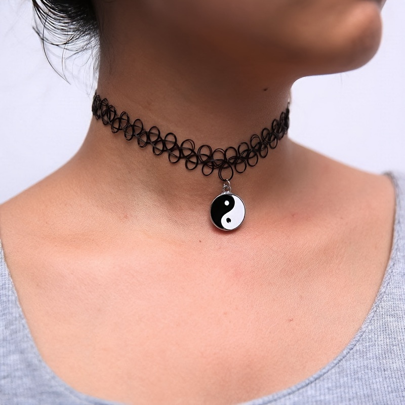 Yin Yang Round Pendant Choker Goth Fishing Line Collarbone Chain Vintage  Black Tattoo Stretchable Choker Necklace For Women Girls