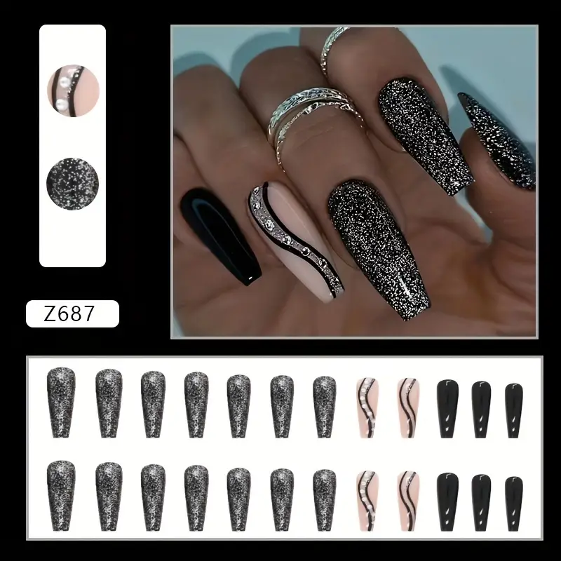 Swirl Black Glitter Press On Nails With Rhinestone Design - Temu