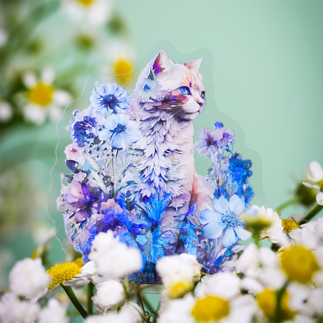 Cute cat with flowers, pet, floral stickers, cat stickers Sticker