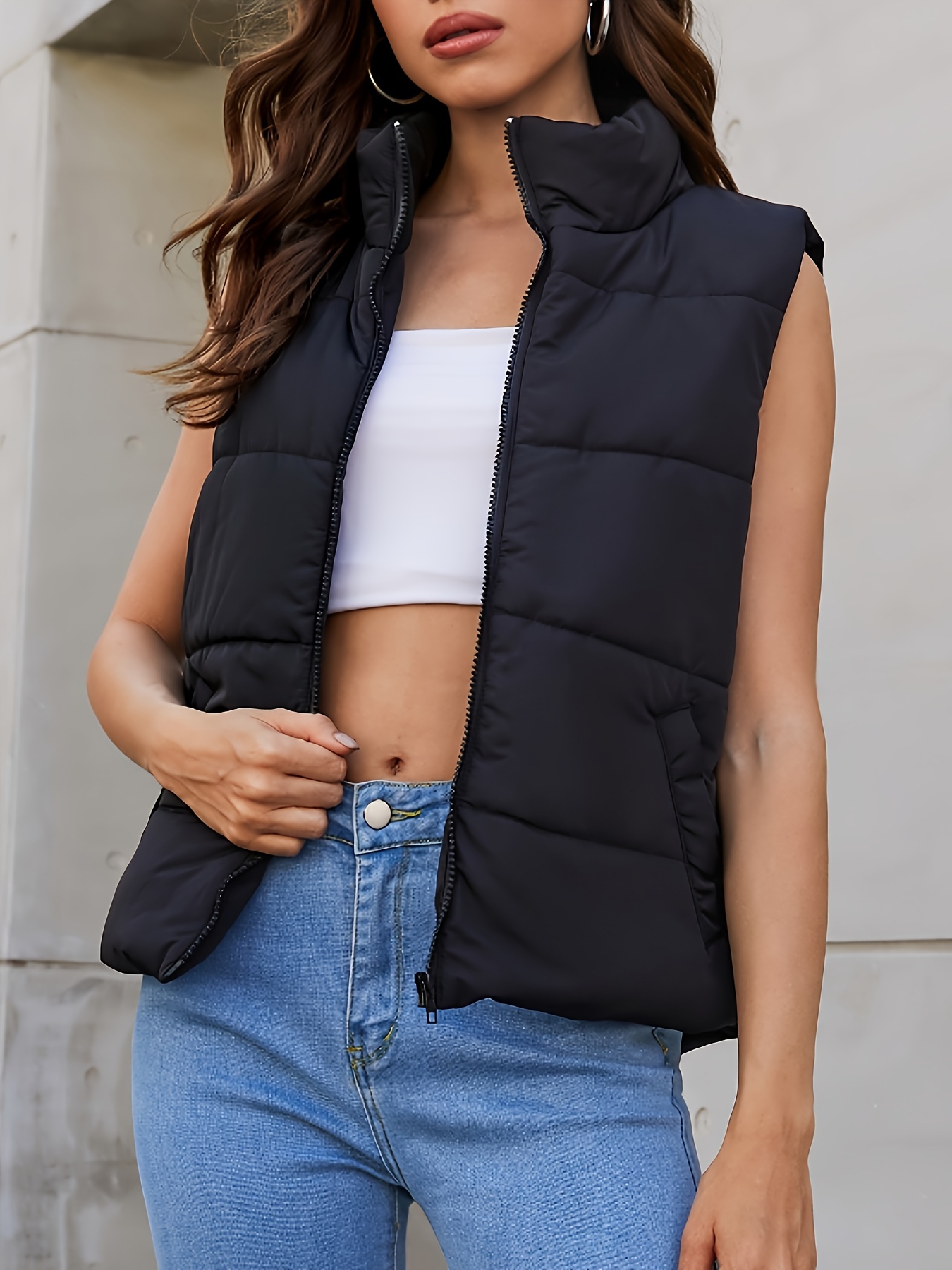 Zip Up Stand Collar Vest, Solid Pocket Lightweight Vest, Outerwear For Fall  & Winter, Women's Clothing