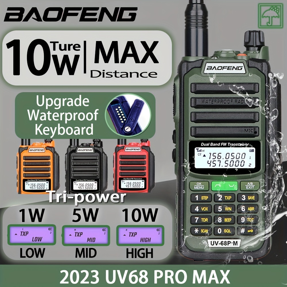 Tri-Power Baofeng UV-68 PRO MAX V2 IP67- IP68 Waterproof Walkie Talkie, 10W  High Power 711 Antenna Radio Two Way Radio Long Range Type-C Fast Charging