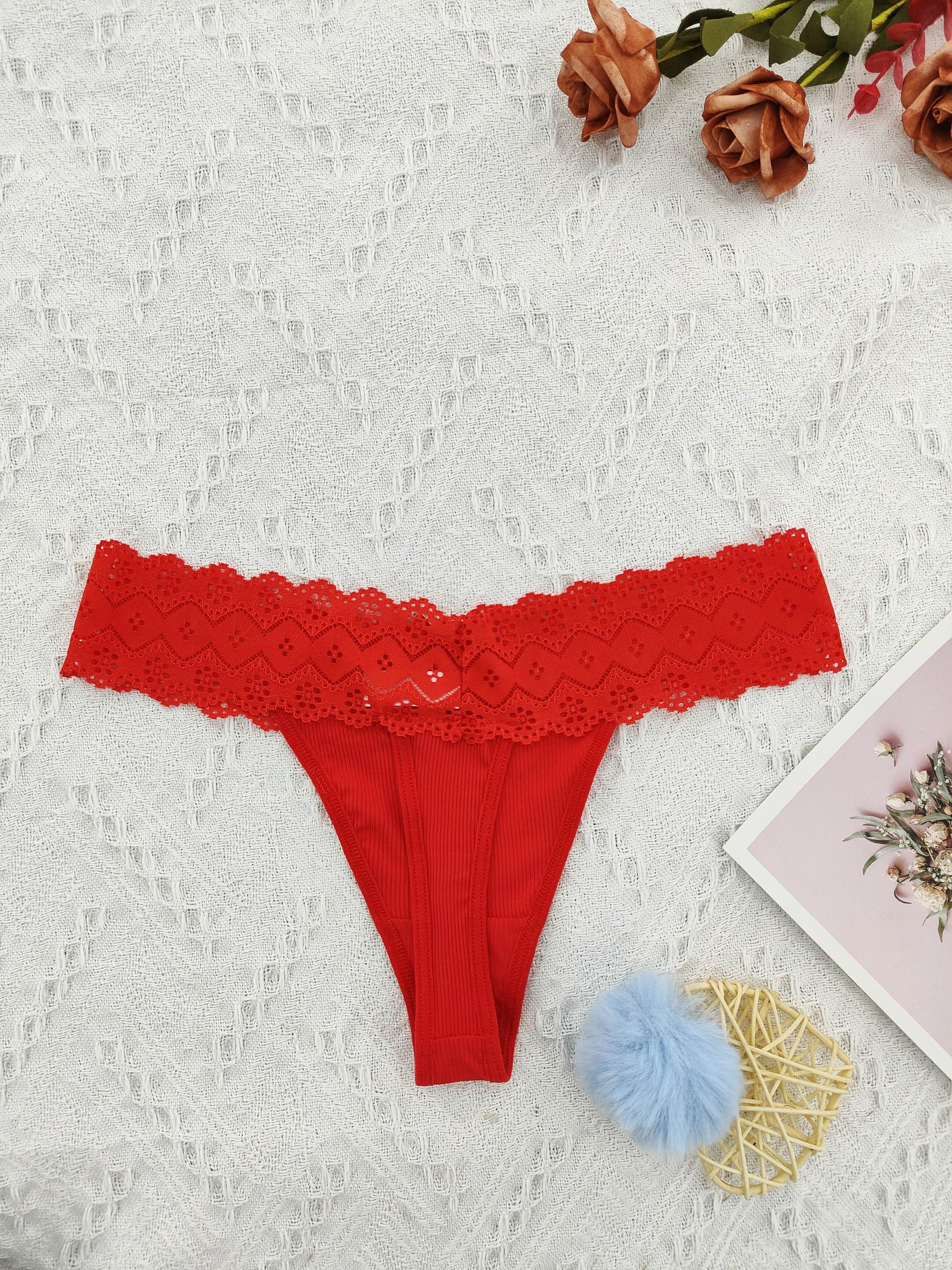 6pcs Contrast Lace Thongs, Soft & Comfy Stretchy Intimates Panties, Women's  Lingerie & Underwear