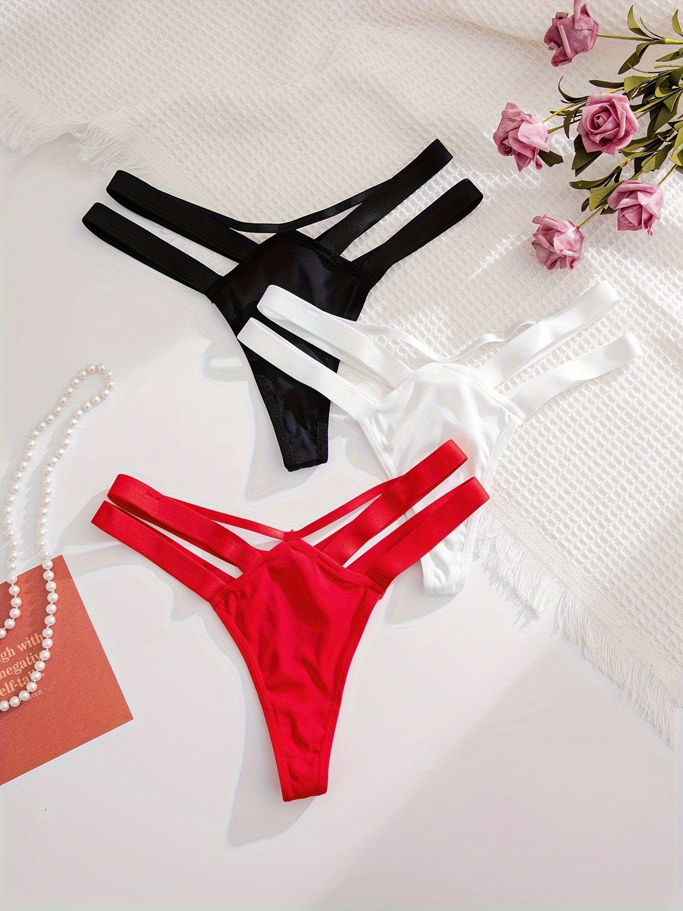 3pcs Sexy Lace Semi Sheer Cheeky Panties, V Shaped Thongs Set, Women's  Underwear & Lingerie